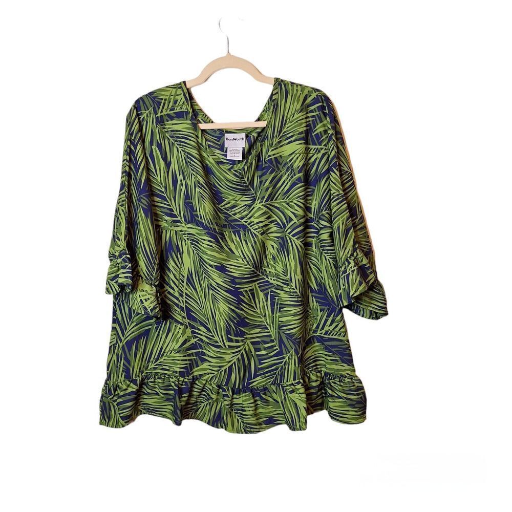 Bonworth Womens Pullover Top Size L Green Blue Palm Leaf Ruffle Sleeve and Hem‎